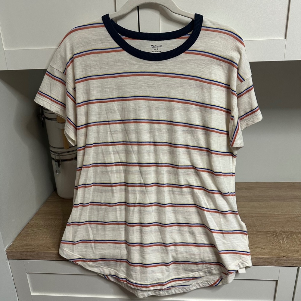 Madewell Ringer Tee Women L Cream Retro Striped Short Sleeve Cotton 70s Casual